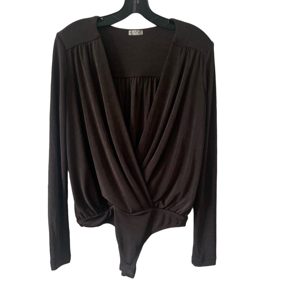 Intimately Free People Black/Olive Turnt Faux Wrap Long Sleeve Bodysuit Medium